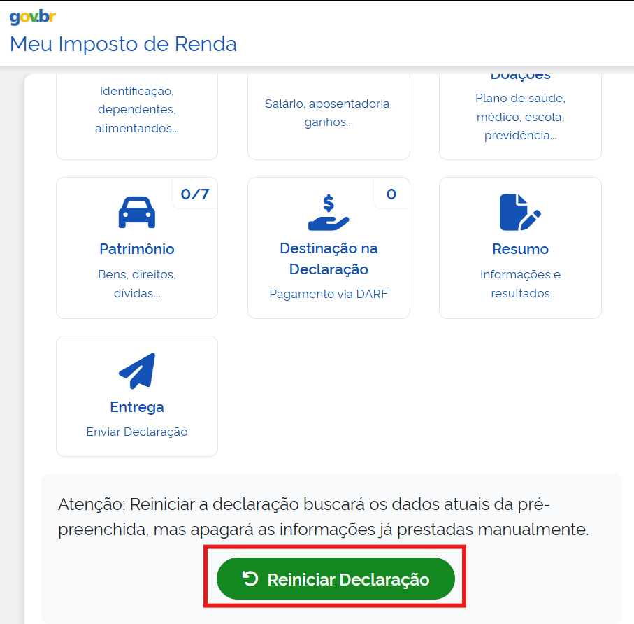 Reiniciar declaração